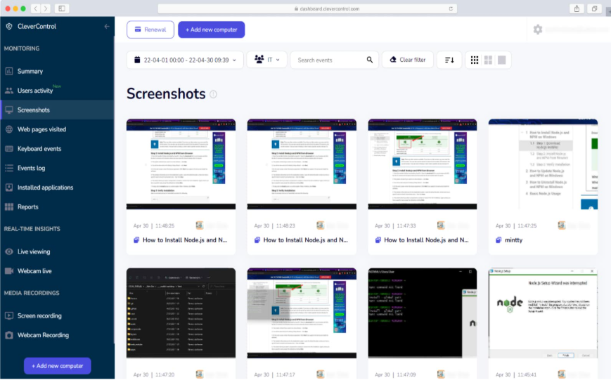 CleverControl employee monitoring interface