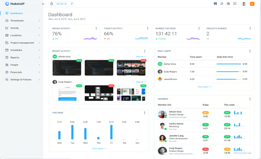Hubstaff time tracking and monitoring interface