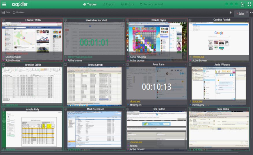 Kickidler live screen monitoring interface