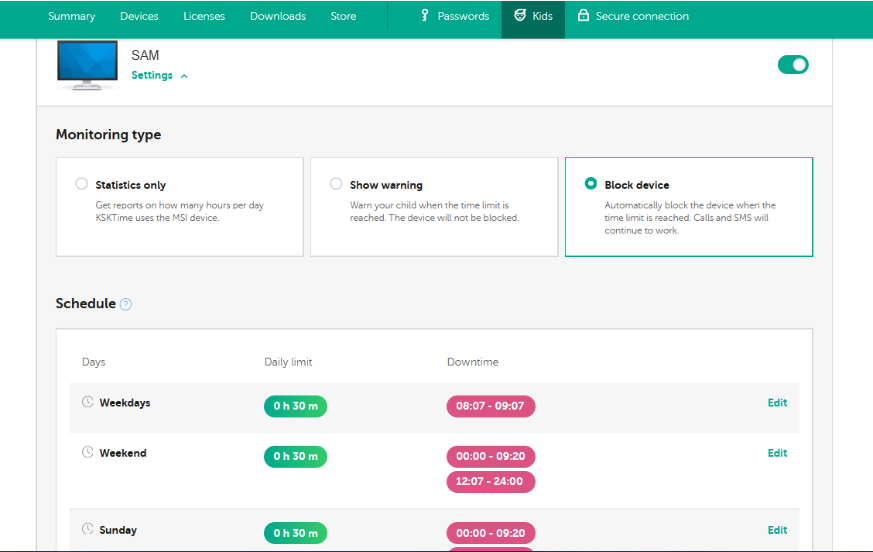 Kaspersky Safe Kids interface