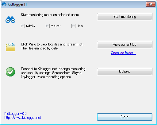 KidLogger activity monitoring interface