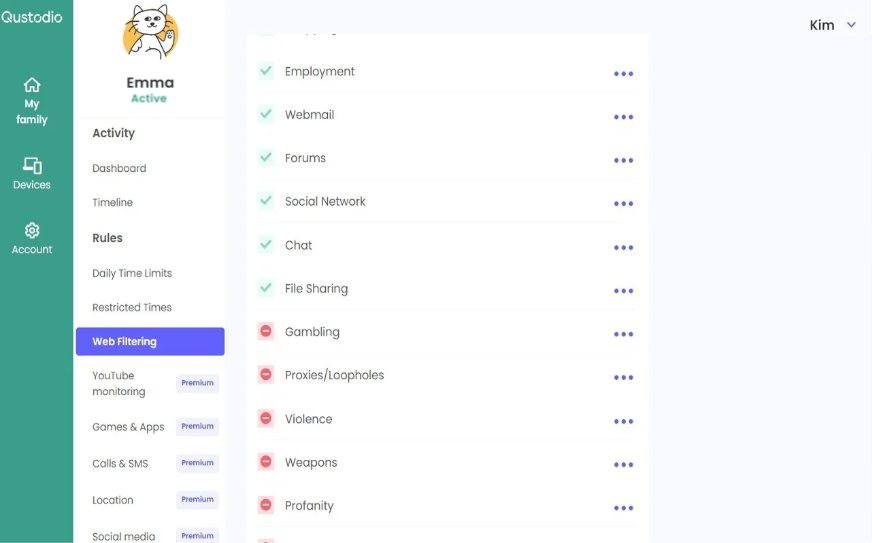 Qustodio parental control dashboard