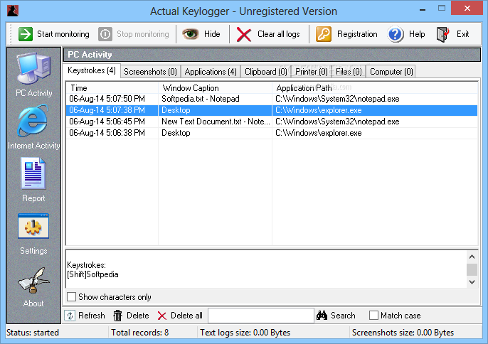 Actual Keylogger interface