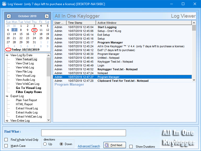 All In One Keylogger interface