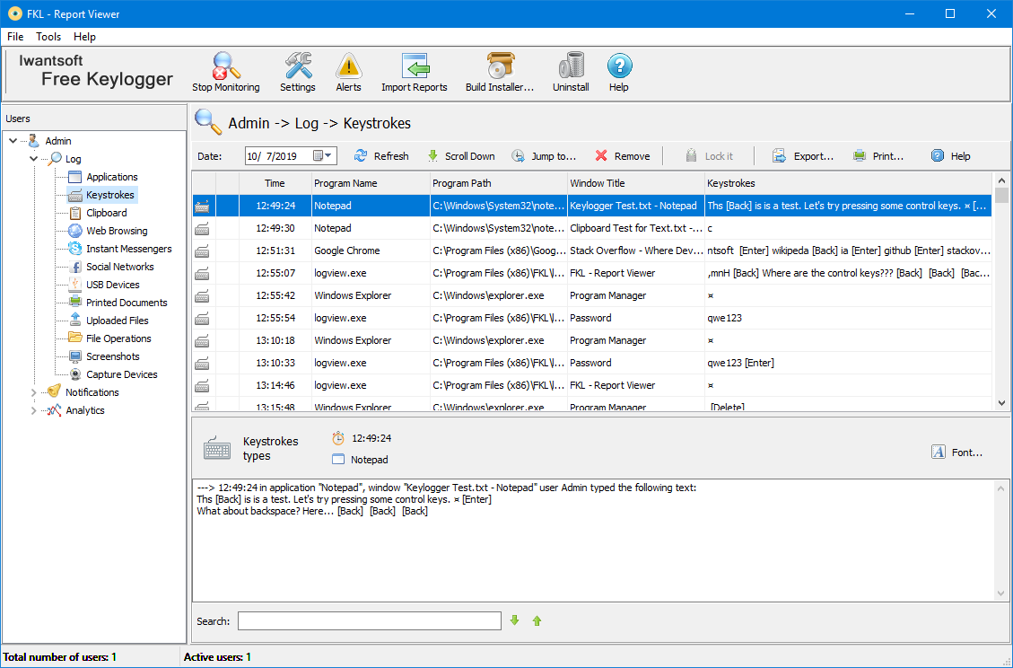 Iwantsoft Free Keylogger interface