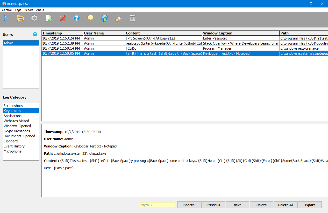 Real PC Spy interface