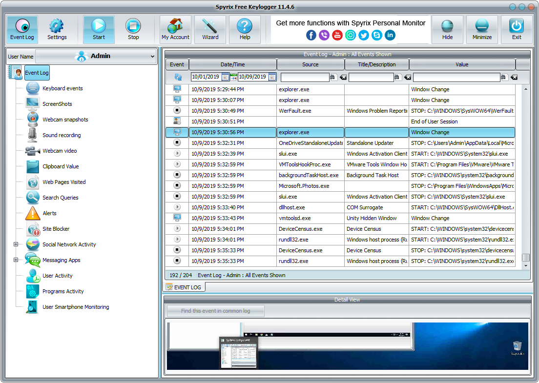 Spyrix Free Keylogger interface