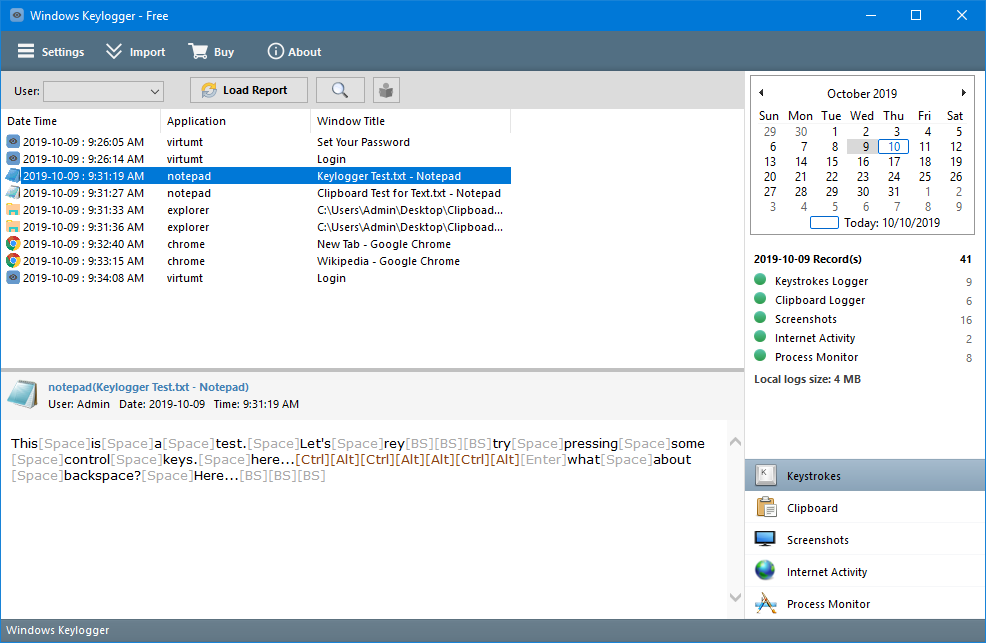 Windows Keylogger interface