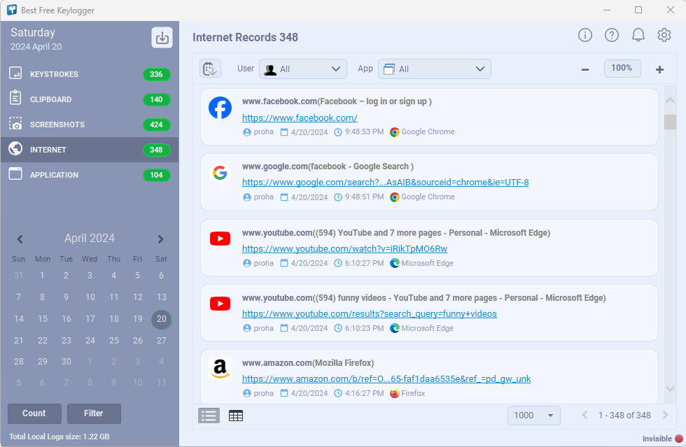Best Free Keylogger Internet monitoring view
