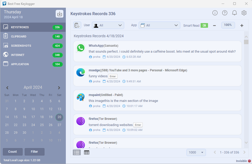 Best Free Keylogger Keystrokes monitoring view