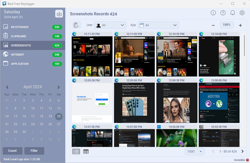 Best Free Keylogger Screenshots monitoring view